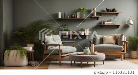 Luxury living room in house with modern interior design, green velvet sofa, coffee table, 110381131