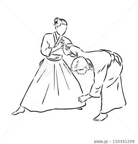 Aikido combat between athletes, stylized vector illustration 110381209