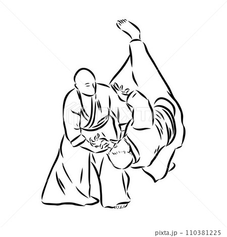 Aikido combat between athletes, stylized vector illustration 110381225