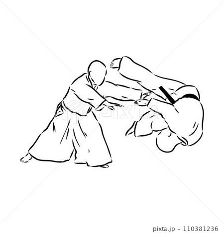 Aikido combat between athletes, stylized vector illustration 110381236