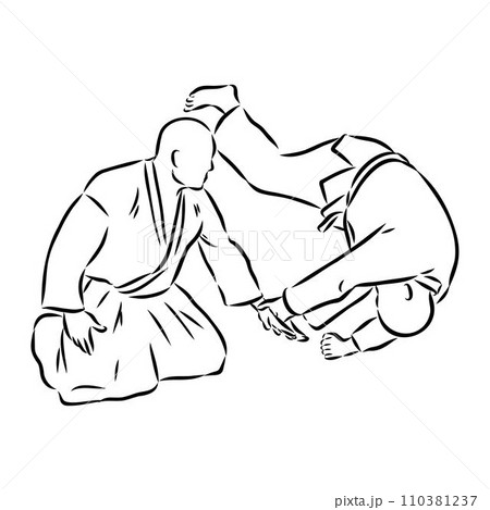 Aikido combat between athletes, stylized vector illustration Aikido combat between athletes, stylized vector illustration 110381237