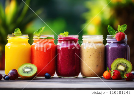 AI-generated content. Five colorful smoothies on the wooden table outdoors, blurred tropical background, against the suns 110381245