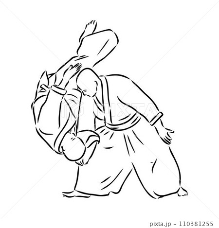 Aikido combat between athletes, stylized vector illustration Aikido combat between athletes, stylized vector illustration 110381255