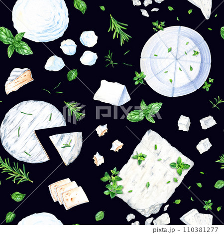 Seamless pattern with mozzarella feta ricotta and camembert cheese and herbs. Watercolor illustration for fabric textile 110381277