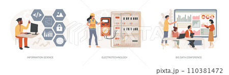 Scientific research isolated concept vector illustration set. Information science, electrotechnology engineering, big data conference, data scientist certificate, learning platform vector concept. Scientific research isolated concept vector illustration set. Information science, electrotechnology engineering, big data conference, data scientist certificate, learning platform vector concept. 110381472