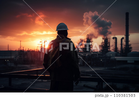 Oil crude and gas refineries. Worker in a Hard construnction helmet at Oil refinery plan 110381503
