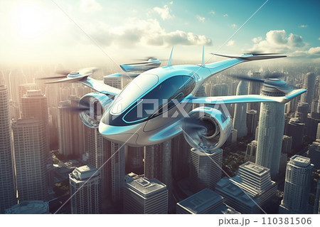 Flying car in sky. Electric air car flight above a cityscape. Flying car in sky. Electric air car flight above a cityscape. 110381506