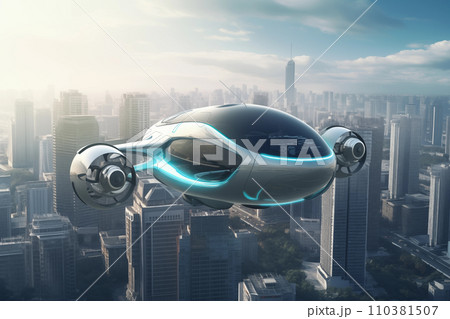 Flying car in sky. Electric air car flight above a cityscape.  110381507