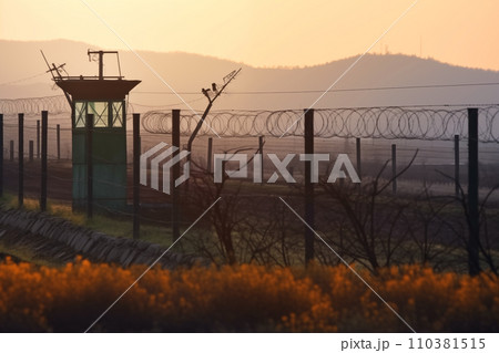 Border crossing in North Korea. Border of South Kore and North Korea Border crossing in North Korea. Border of South Kore and North Korea 110381515