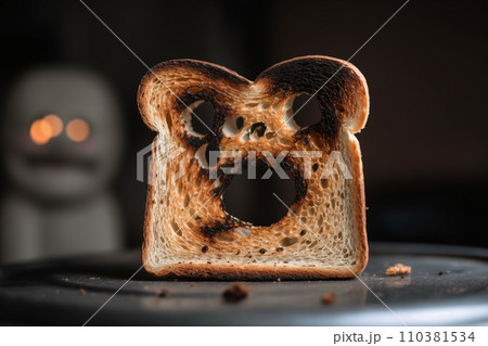 Burnt toast with an angry face expressing the emotion of sadness or sarcasm. 110381534
