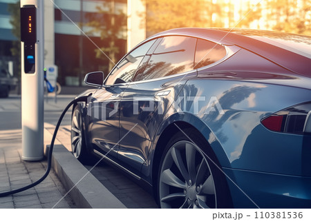 Electric Car on Charging. Charge an Electric Car. Powered car charging station. 110381536