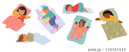 Peaceful Children Characters Sleep, Nestled In Dreams. Soft Breaths And Gentle Sighs Create A Lullaby, Vector 110381583