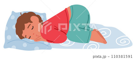 Adorable Child Peacefully Sleeps Facedown, Dreaming Sweetly in Cozy Bed with Soft Pillow. Cute Baby Character Sleeping Adorable Child Peacefully Sleeps Facedown, Dreaming Sweetly in Cozy Bed with Soft Pillow. Cute Baby Character Sleeping 110381591