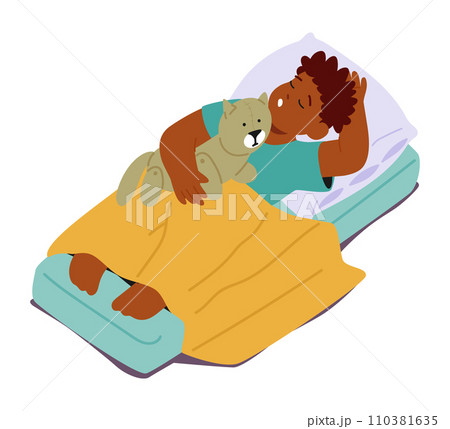 Little Black Boy Peacefully Naps On A Colorful Mat, Clutching His Favorite Toy In The Quiet Classroom. Tranquil Scene Little Black Boy Peacefully Naps On A Colorful Mat, Clutching His Favorite Toy In The Quiet Classroom. Tranquil Scene 110381635