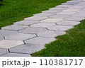 pavement with stone tiles honeycomb pattern on park with green lawn lit by sunlight close-up, nobody. 110381717
