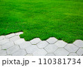 pavement with concrete tiles honeycomb pattern and green grass lit by sunlight on the summer park, nobody. 110381734