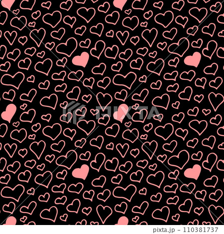 Doodle hearts pattern. Black and pink vector seamless background for Saint Valentines day, wedding, date. Cute hand drawn hearts repeat illustration. Scribble love symbols decor Doodle hearts pattern. Black and pink vector seamless background for Saint Valentines day, wedding, date. Cute hand drawn hearts repeat illustration. Scribble love symbols decor 110381737