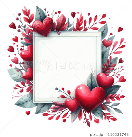 Vector square frame made of hand painted watercolor hearts and flowers. Cute and romantic, perfect for Valentines day greeting. 110381748