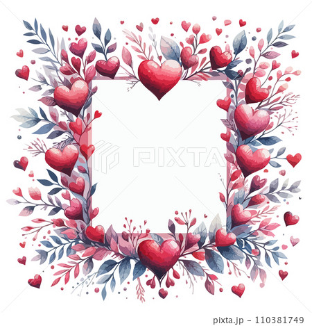 Vector square frame made of hand painted watercolor hearts and flowers. Cute and romantic, perfect for Valentines day greeting. 110381749