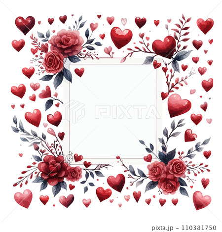 Vector square frame made of hand painted watercolor hearts and flowers. Cute and romantic, perfect for Valentines day greeting. 110381750