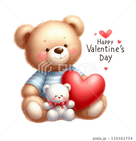 Watercolor Valentine's Day card, children's illustration with animal bear. 110381754