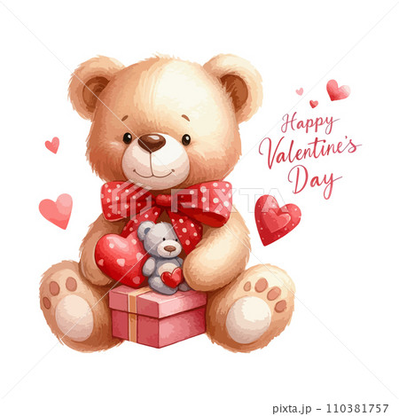 Watercolor Valentine's Day card, children's illustration with animal bear. 110381757