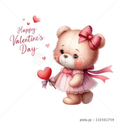 Watercolor Valentine's Day card, children's illustration with animal bear. 110381759