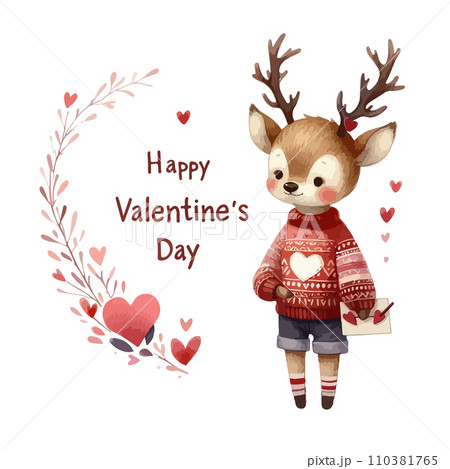 Watercolor Valentine's Day card, children's illustration with animal deer. 110381765