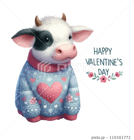 Watercolor Valentine's Day card, children's illustration with animal cow. 110381772