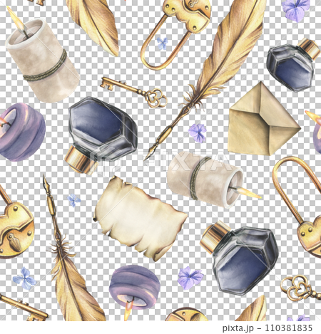 Writing supplies: papyrus paper, craft envelope, gold pen, ink in a glass jar, candles, key with lock, flowers. Hand drawn watercolor illustration. Seamless pattern on a white background 110381835