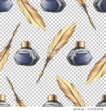 Writing supplies: gold pen, ink in a glass jar. Hand drawn watercolor illustration. Seamless pattern on a white background 110381836