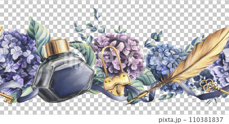 Blue inkwell with gold pen, ink, key and lock, ribbon with hydrangea flowers and eucalyptus branches. Hand drawn watercolor illustration. Seamless border isolated from the background. Blue inkwell with gold pen, ink, key and lock, ribbon with hydrangea flowers and eucalyptus branches. Hand drawn watercolor illustration. Seamless border isolated from the background. 110381837