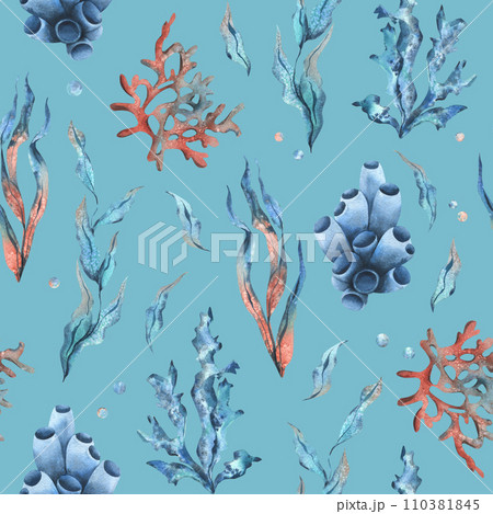Underwater world clipart with sea animals, bubbles, coral and algae. Hand drawn watercolor illustration. Seamless pattern on a blue background. 110381845
