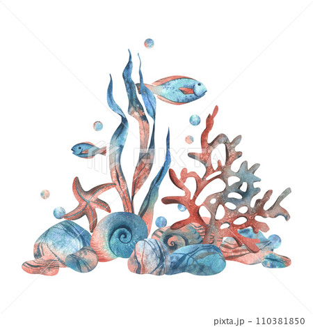 Underwater world clipart with sea animals fishes, shells, coral and algae. Hand drawn watercolor illustration. Pre-made composition isolated from the background. 110381850