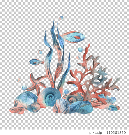Underwater world clipart with sea animals fishes, shells, coral and algae. Hand drawn watercolor illustration. Pre-made composition isolated from the background. 110381850