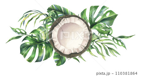 Coconuts whole, halves and pieces with bright, green, tropical palm leaves. Hand drawn watercolor illustration. Pre-made composition isolated from the background. 110381864