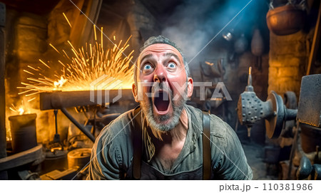 AI-generated content. blacksmith with an astonished expression, mouth wide open, eyes bulging, with sparks flying in the background of a traditional forge. AI-generated content. blacksmith with an astonished expression, mouth wide open, eyes bulging, with sparks flying in the background of a traditional forge. 110381986