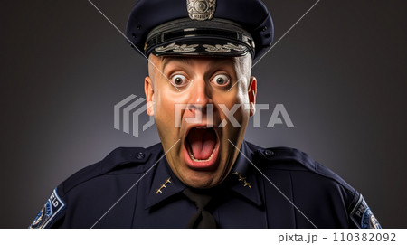 AI-generated content.  A surprised police officer with a wide-eyed expression AI-generated content.  A surprised police officer with a wide-eyed expression 110382092