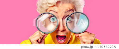 AI-generated content. astonished elderly woman with silver hair, magnifying her eyes comically large with two handheld magnifying glasses against a vibrant pink background 110382215
