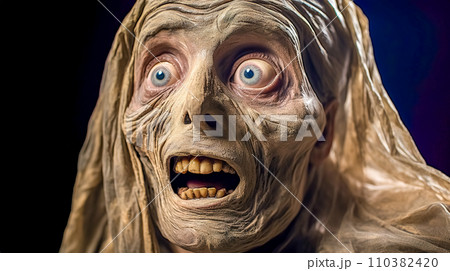 AI-generated content. A mummy's face, wrapped in ancient bandages, showcases a dramatic expression of shock with bulging eyes and an open mouth, as if it has risen to witness the modern world for the 110382420