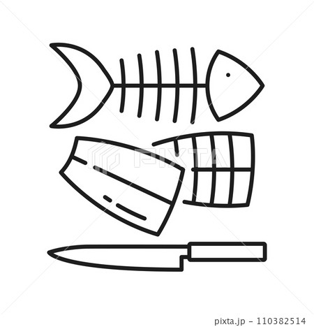 Raw fish processing, cutting and filleting isolated fishing industry line icon. Vector pieces of fish and bones, knife outline sign 110382514