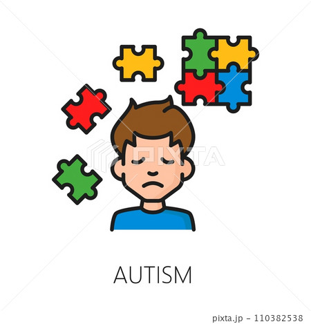 Autism psychological disorder problem, mental health. Isolated vector sign of sad child face and puzzle pieces, symbolizing complexity of autism spectrum disorder and diversity of affected individuals Autism psychological disorder problem, mental health. Isolated vector sign of sad child face and puzzle pieces, symbolizing complexity of autism spectrum disorder and diversity of affected individuals 110382538