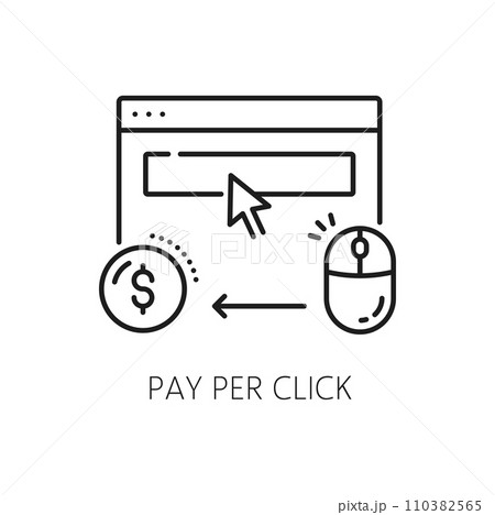 Pay per click. Serp icon. Search engine result page. Isolated vector linear ppc sign represents browser screen, pointer, mouse and dollar symbol, symbolizing the cost-per-click advertising model 110382565