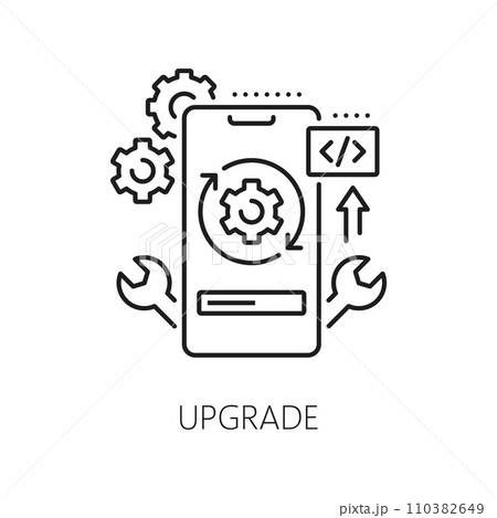 Upgrade, web app develop and optimization icon. Isolated vector linear sign featuring stylized smartphone screen with cogwheels, wrenches and upward arrow symbolizing app development and optimization Upgrade, web app develop and optimization icon. Isolated vector linear sign featuring stylized smartphone screen with cogwheels, wrenches and upward arrow symbolizing app development and optimization 110382649