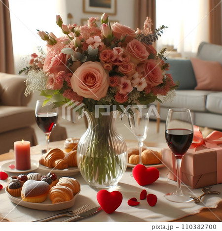 Valentine's Day table setting with croissants, roses and hearts AI 110382700