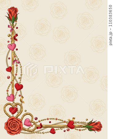 Vintage gold corner border with hearts, roses, intertwined golden jewelry chains on white background. Template for Valentines Day holiday prints. Letter paper size 110383650