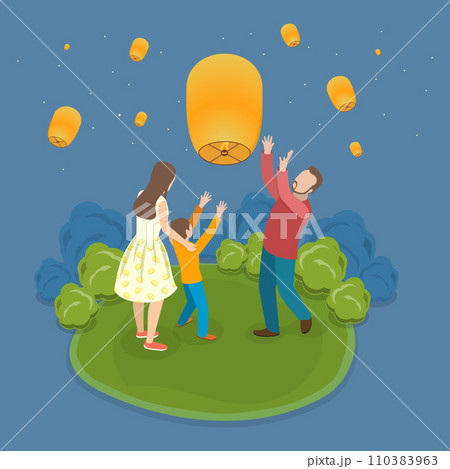 3D Isometric Flat Vector Illustration of Sky Lantern Festival 3D Isometric Flat Vector Illustration of Sky Lantern Festival 110383963