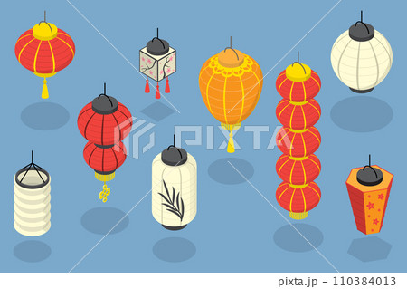 3D Isometric Flat Vector Set of Japanese Or Chinese Lanterns 110384013