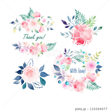 Watercolor flowers objects postcards set. hand drawing. Not AI, Vector illustration Watercolor flowers objects postcards set. hand drawing. Not AI, Vector illustration 110384077