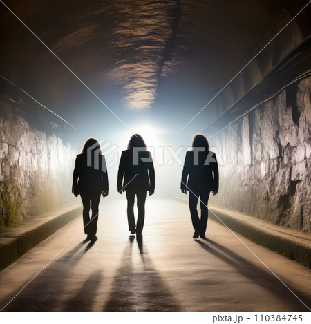 three silhouettes of rock musicians with long hair walk along a tunnel passage towards the light three silhouettes of rock musicians with long hair walk along a tunnel passage towards the light 110384745